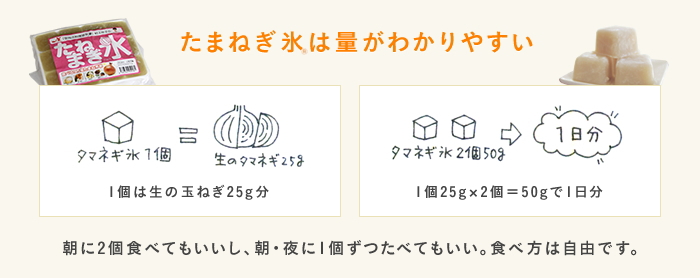たまねぎ氷は量がわかりやすい 朝に2個食べてもいいし、朝・夜に1個ずつたべてもいい。食べ方は自由です。